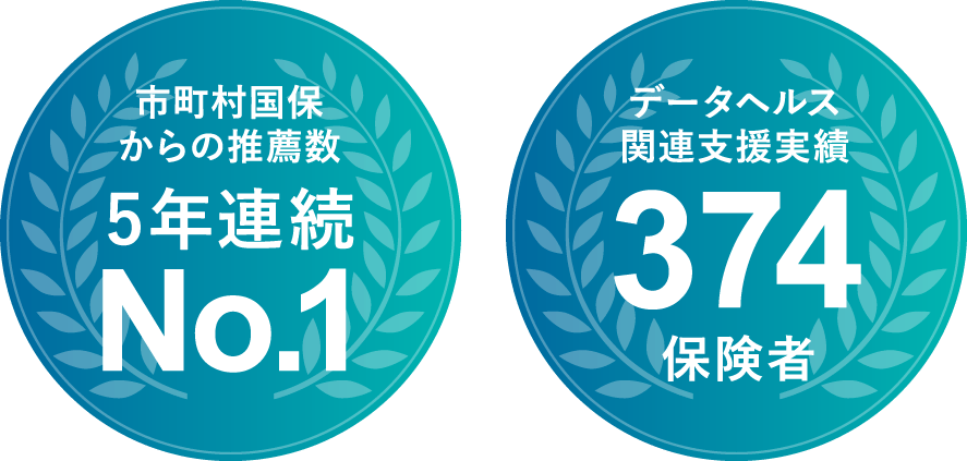 市町村国保からの推薦数5年連続No.1　データヘルス関連支援実績374保険者